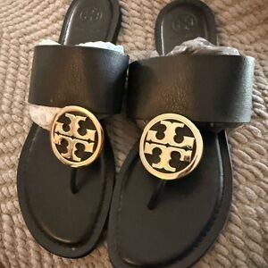 Tory Burch Black Sandals with Gold Logo